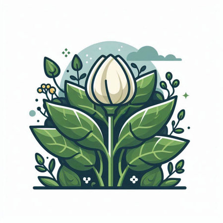 Vector illustration of a white flower with green leaves on white background.のイラスト素材