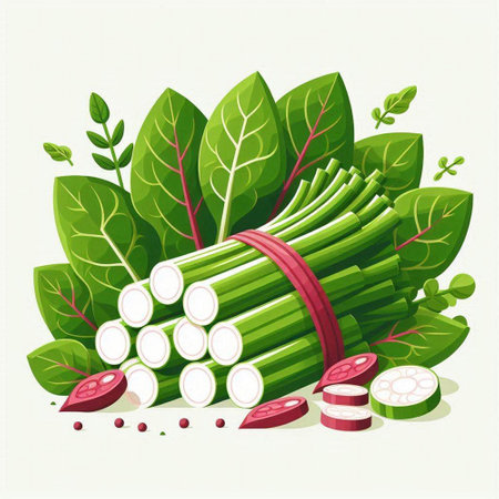 Vector illustration of fresh green chard with onion, garlic, beetroot and pepper.のイラスト素材