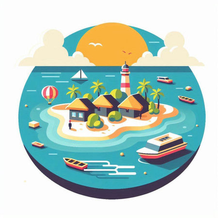 Isometric island with palm trees, boats and lighthouse. Vector illustrationのイラスト素材