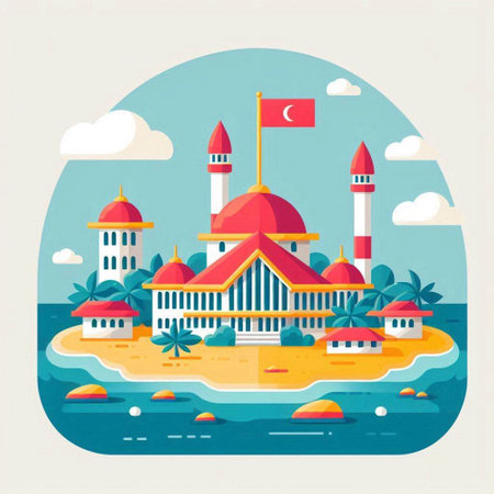 Taj Mahal mosque on the island. Vector illustration in flat styleのイラスト素材