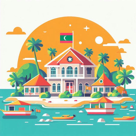 House on the island with palm trees and boats. Vector illustration.のイラスト素材