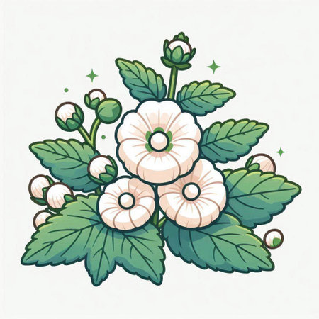 Hand drawn vector illustration of white flowers with green leaves and pearlsのイラスト素材