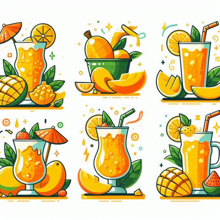 Mango, orange juice and smoothie icons set, vector illustrationのイラスト素材