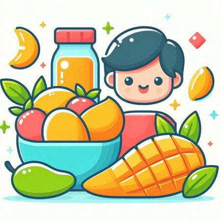 Healthy eating concept. Cute cartoon boy with fresh fruits and vegetables. Vector illustrationのイラスト素材