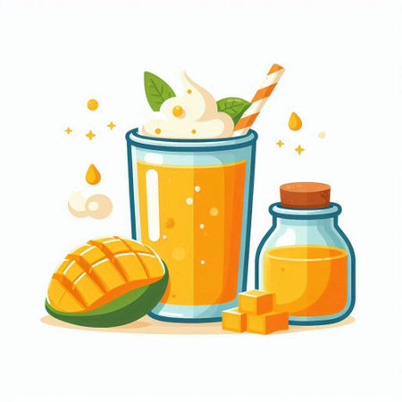 Mango smoothie in a glass and ingredients. Vector illustration.のイラスト素材