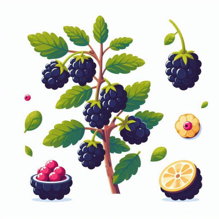 Set of blackberry fruit, berries and leaves. Vector illustration.のイラスト素材