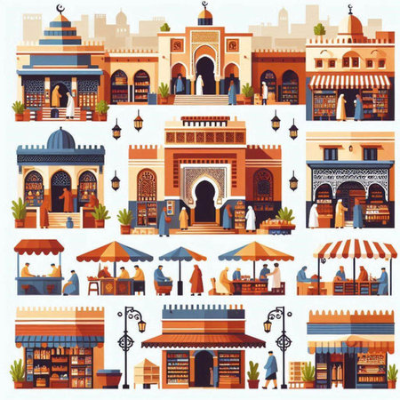 Arabic buildings and architecture set. Vector illustration in flat style.のイラスト素材