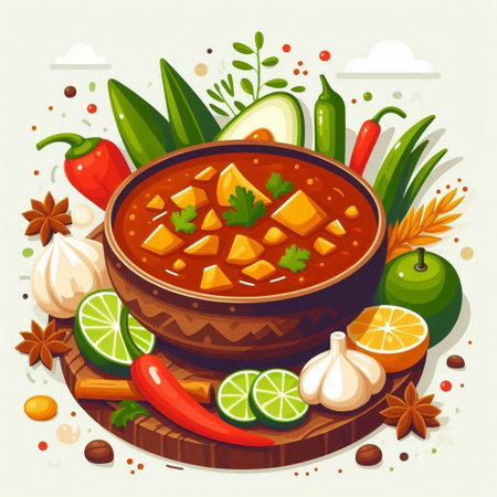Indian cuisine vector illustration. Traditional indian gazpacho soupのイラスト素材