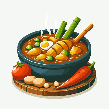 Illustration of a bowl of spicy soup with chopsticks and vegetablesのイラスト素材
