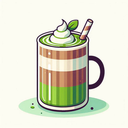 Illustration of a cup of green tea with whipped cream and a strawのイラスト素材