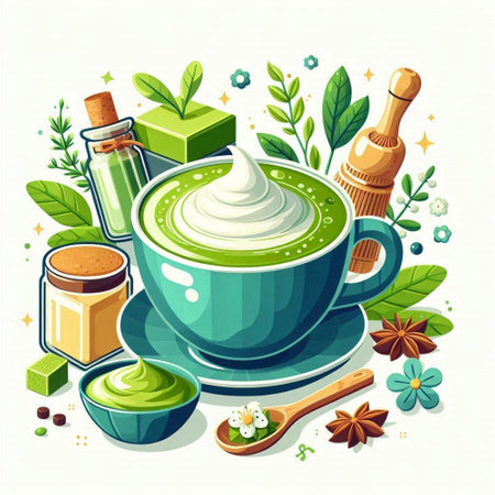 Cup of matcha latte with spices. Vector illustration.のイラスト素材