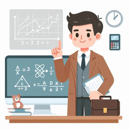 Male teacher in front of the computer. Education concept. Vector illustration.のイラスト素材