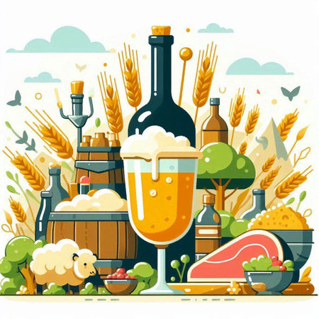 Beer composition with different types of beer, wheat ears, wooden barrel, wineglass, meat, fish, meat and other elements. Vector illustrationのイラスト素材