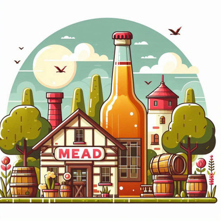 Vector illustration of a cartoon beer house on the background of nature.のイラスト素材