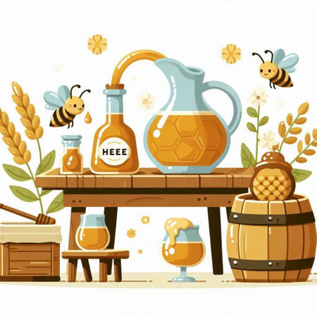 Illustration of a wooden table with a bottle of honey, a glass of whiskey, a jar of honey, a barrel of honey and a bee.のイラスト素材