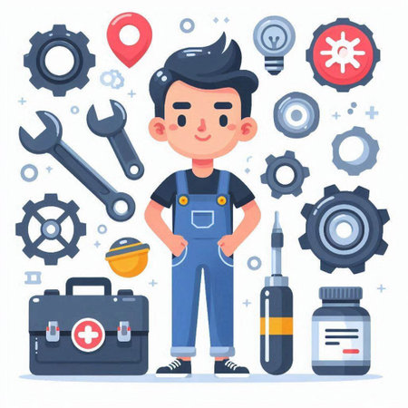 Repairman in overalls with tools. Vector illustration in flat styleのイラスト素材