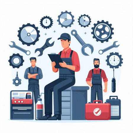 Auto mechanic. Mechanic at work. Repair service. Vector illustration in flat styleのイラスト素材