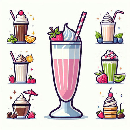 Milkshakes set with different types of milkshakes. Vector illustration.のイラスト素材