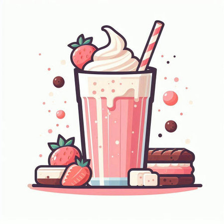 Milkshake with strawberries, chocolate and cookies. Vector illustration.のイラスト素材