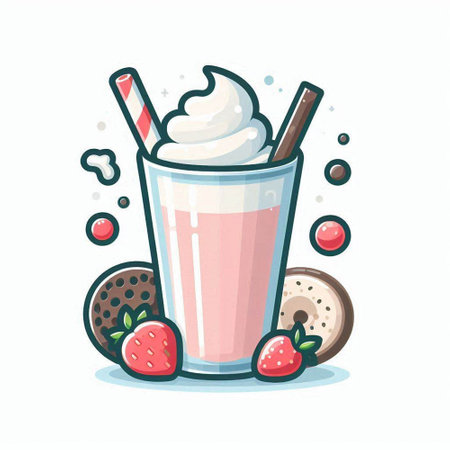 Strawberry milkshake with whipped cream in a glass. Vector illustration.のイラスト素材