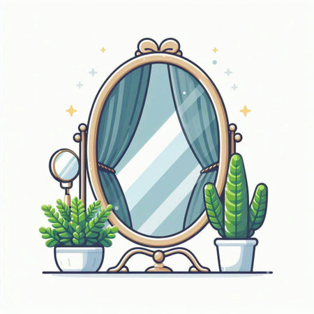 Vector illustration of a mirror with green plants in a pot on a white background.のイラスト素材