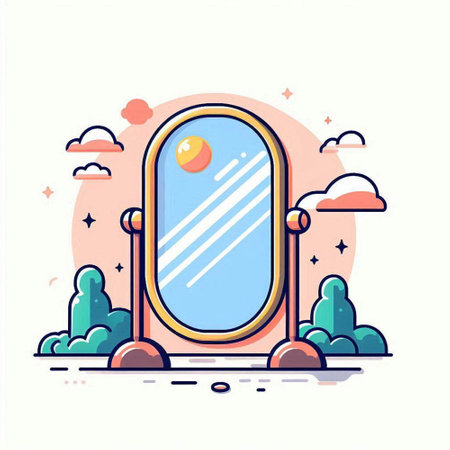 Vector illustration of a mirror on the background of the sky with clouds.のイラスト素材
