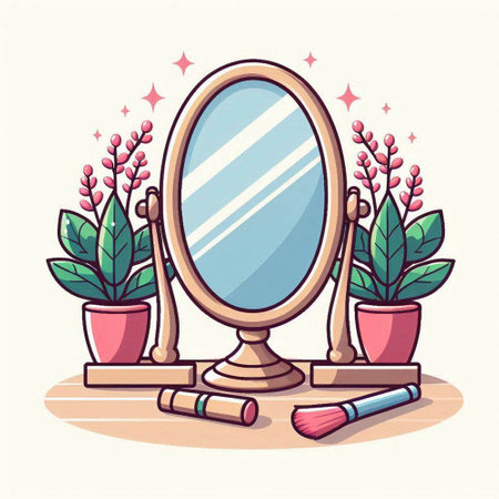 Vector illustration of a vintage mirror and cosmetics in a flat style.のイラスト素材