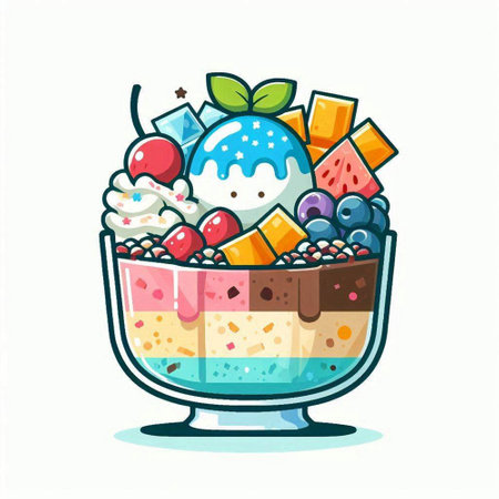 Vector illustration of a glass bowl with ice cream, fruit and berries.のイラスト素材