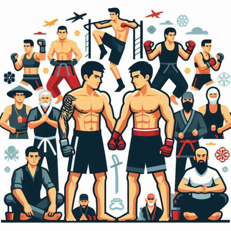Flat style vector illustration of mixed martial arts set. Group of men and women in sportswear.のイラスト素材