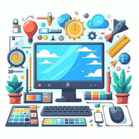 Flat design modern vector illustration concept of graphic designer workspace with computer monitor, graphic tablet, mouse, laptop, stationery and decorative elements.のイラスト素材