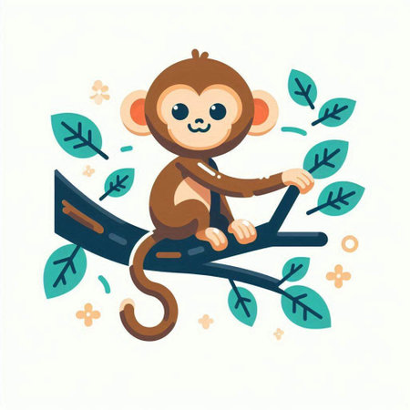 Cute cartoon monkey sitting on a tree branch. Vector illustration.のイラスト素材