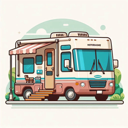 Vector illustration of a camping trailer with awning on the road.のイラスト素材