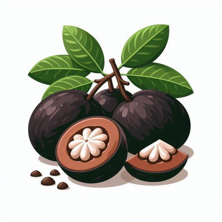Illustration of fresh mangosteen fruits with leaves on white backgroundのイラスト素材