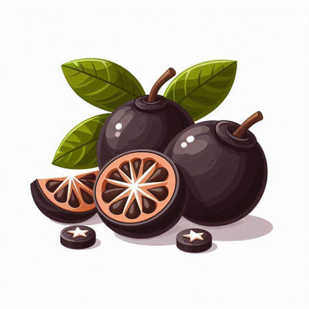 Illustration of black olives with leaves isolated on white background.のイラスト素材