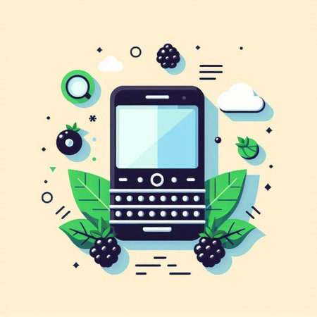 Smartphone with blackberries and leaves. Vector illustration in flat styleのイラスト素材