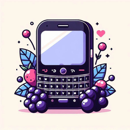 Mobile phone with berries and hearts. Vector illustration in cartoon style.のイラスト素材