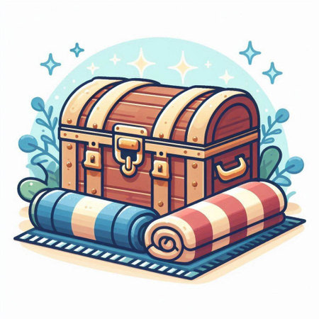 Cartoon illustration of a treasure chest with a carpet and a roof.のイラスト素材