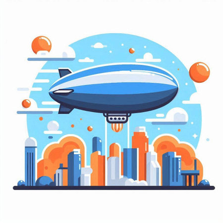 Airship on the background of the city. Vector illustration in flat styleのイラスト素材
