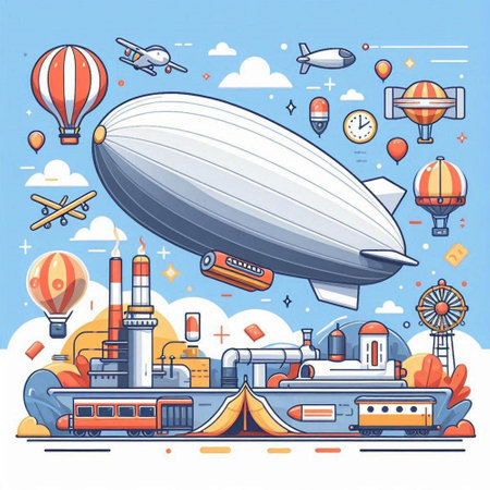 Airship on the background of the amusement park. Vector illustration.のイラスト素材