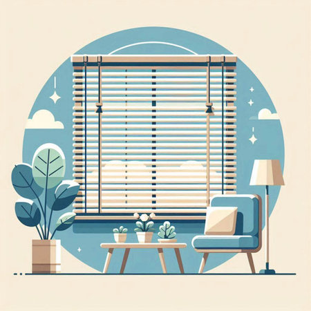 Interior of living room with window blinds and armchair. Vector illustrationのイラスト素材