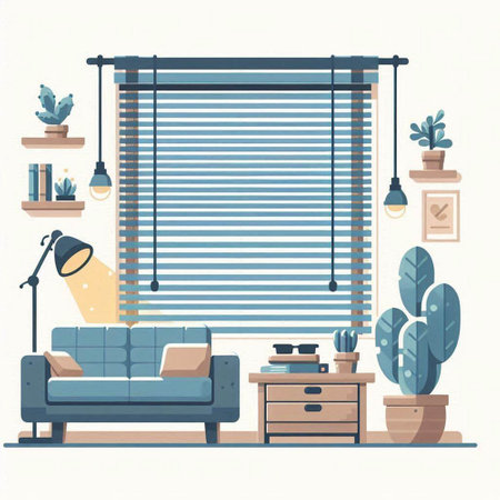 Living room interior with furniture and window blinds. Flat style vector illustration.のイラスト素材