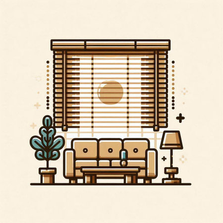 Vector illustration of interior living room with window blinds, sofa, coffee table and plant. Linear style.のイラスト素材