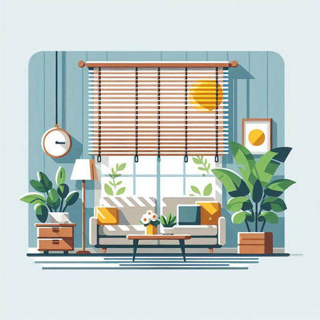 Interior of living room with sofa, window and plants. Vector illustrationのイラスト素材
