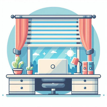 Office workplace with computer, bookshelf and window. Flat vector illustration.のイラスト素材