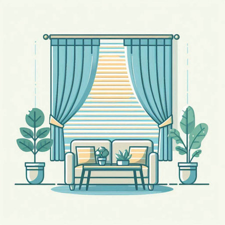 Illustration of living room interior with curtains, sofa and plants.のイラスト素材