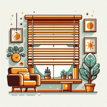 Vector illustration of window with blinds and armchair in flat styleのイラスト素材