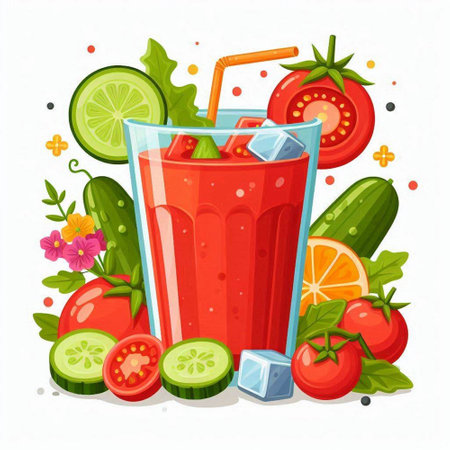 Cocktail glass with tomato juice and ingredients. Vector illustration.のイラスト素材
