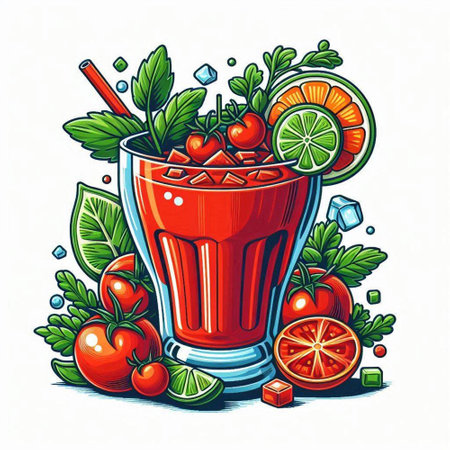 Bloody Mary cocktail with cherry, lime, ice and mint. Vector illustrationのイラスト素材