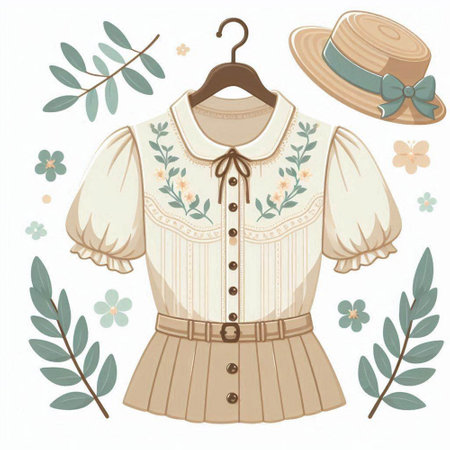 Vector illustration of a woman's blouse, hat and flowers.のイラスト素材