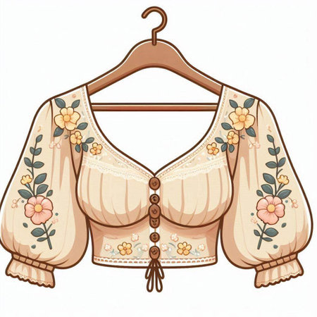 Women's blouse with floral pattern on a hanger on a white backgroundのイラスト素材
